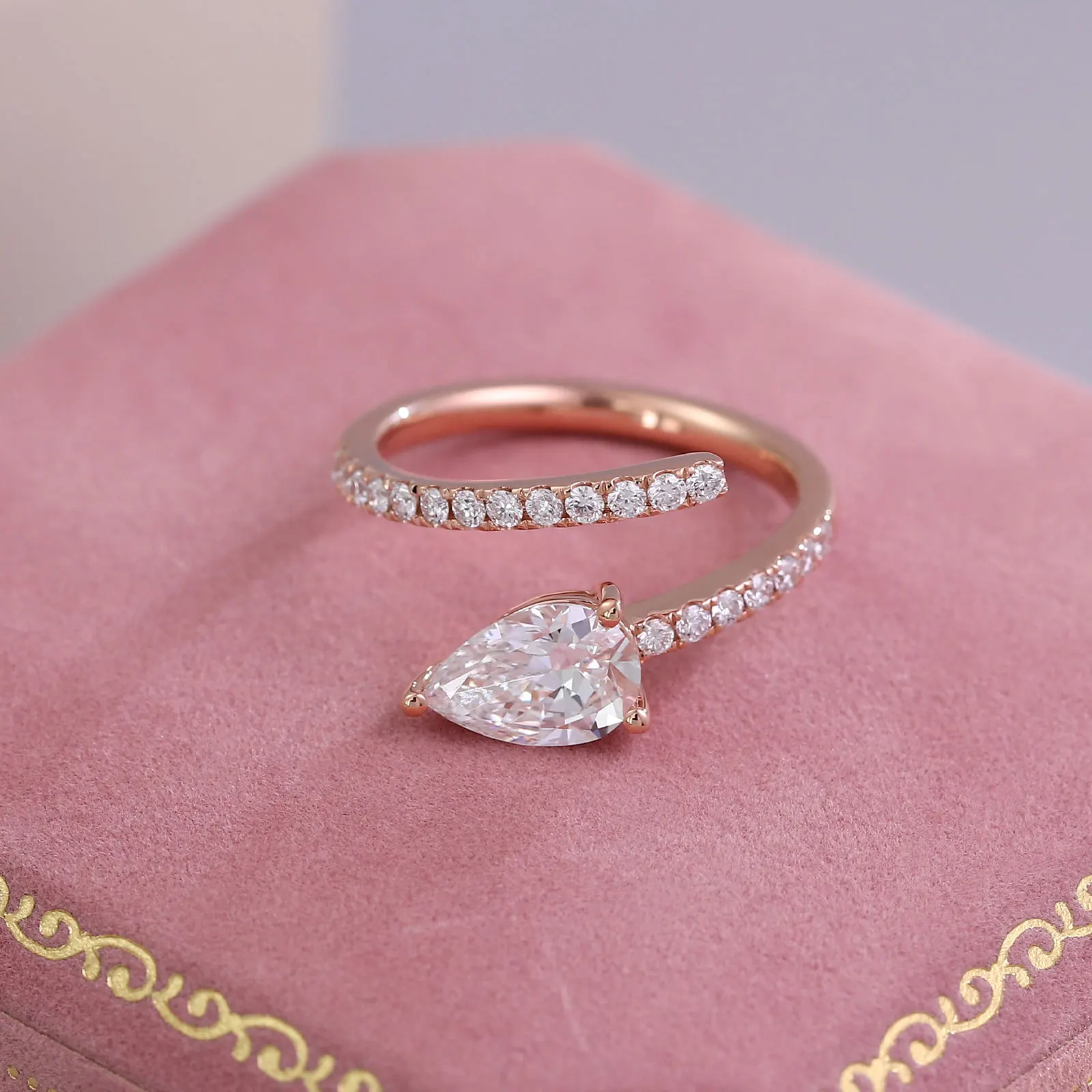 

Provence Fine Jewelry 18K rose gold pear lab grown diamond Snake Ring teardrop custom Twist Engagement wedding ring for women