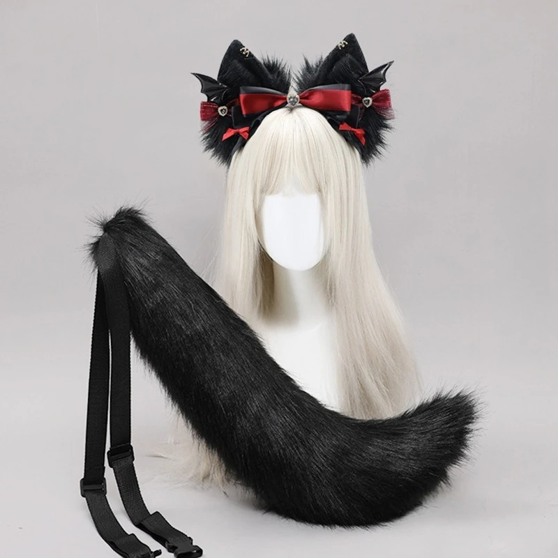 1SET/ Victorian Vampire Cat Ear Headband & Tail - Gothic Lolita Bat Bow Set | Dark Romance Cosplay Accessories