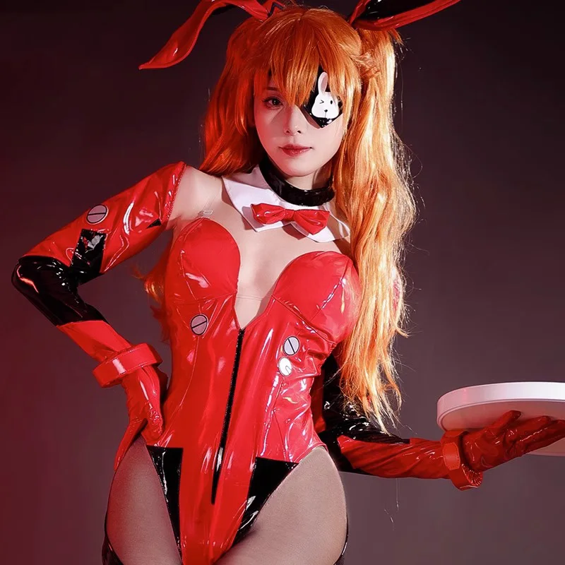 Anime Asuka Langley Soryu Cosplay Costume Women Sexy Leather Jumpsuit Headwear Gloves Suit Bunny Girl Uniform Halloween Costume