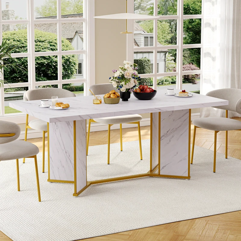 71 Inch Rectangular Dining Table for 6 to 8 People, White Marble Wooden Kitchen Table, Kitchen Table Large Dinner With Gold