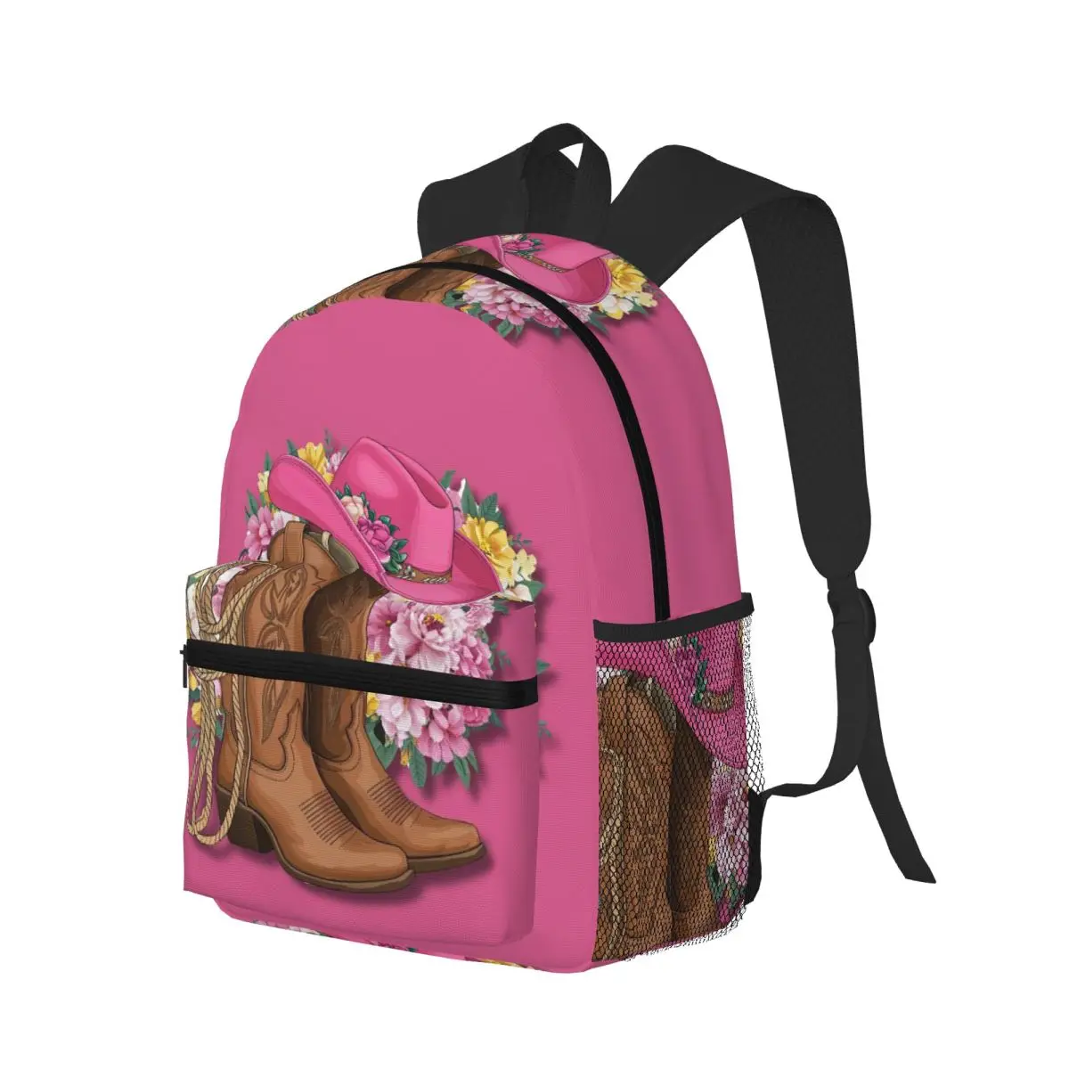 

Western Cowboy Boots With Pink Hat And Flowers Student Backpack School Bag Hiking Daypack for Boys Girls Bookbag Shoulder Bags