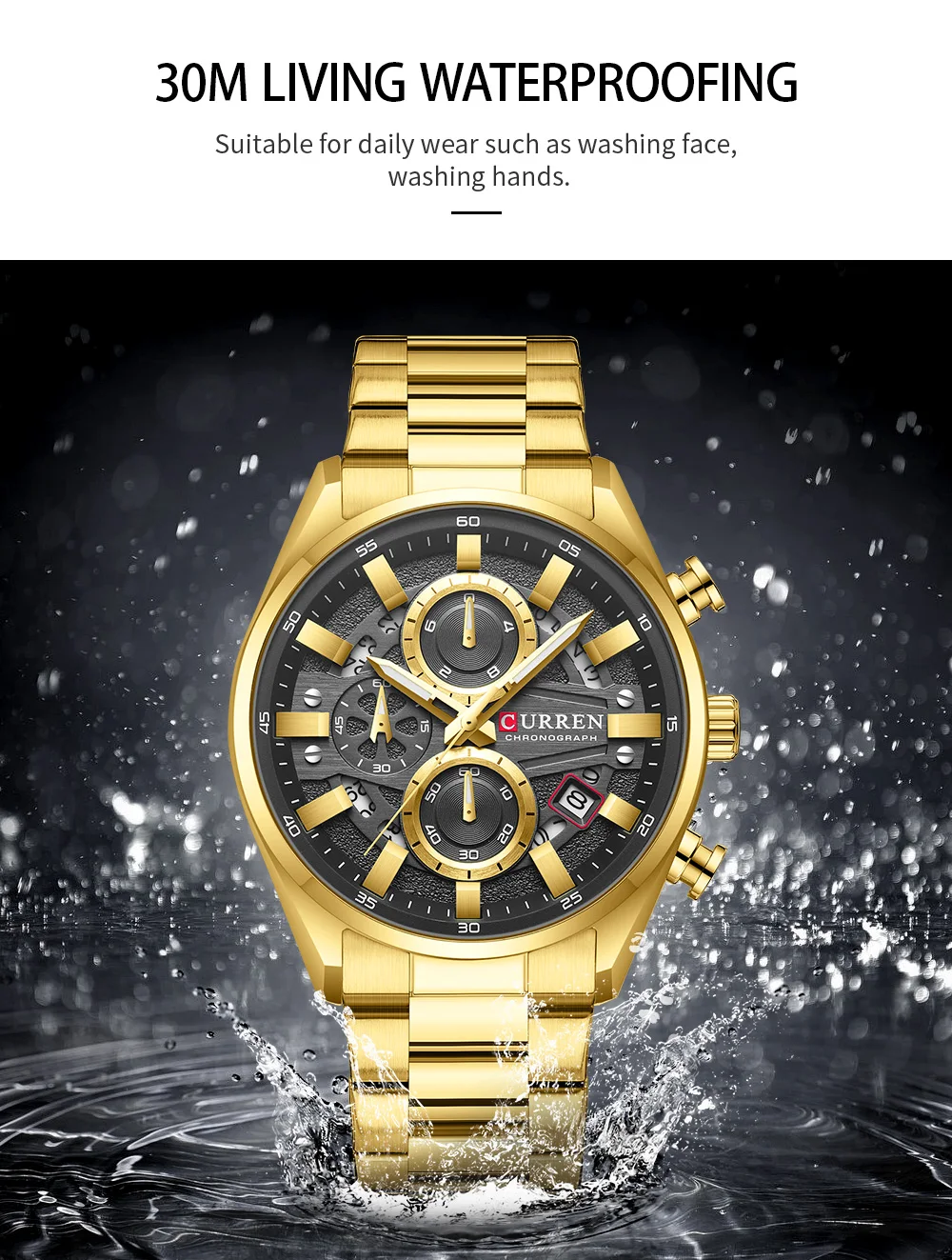 CURREN Luxus-Herren-Chronograph-Uhr mit Quarzwerk, Edelstahlarmband und 43-mm-Zifferblatt, modische Sport-Armbanduhr – Detail 6