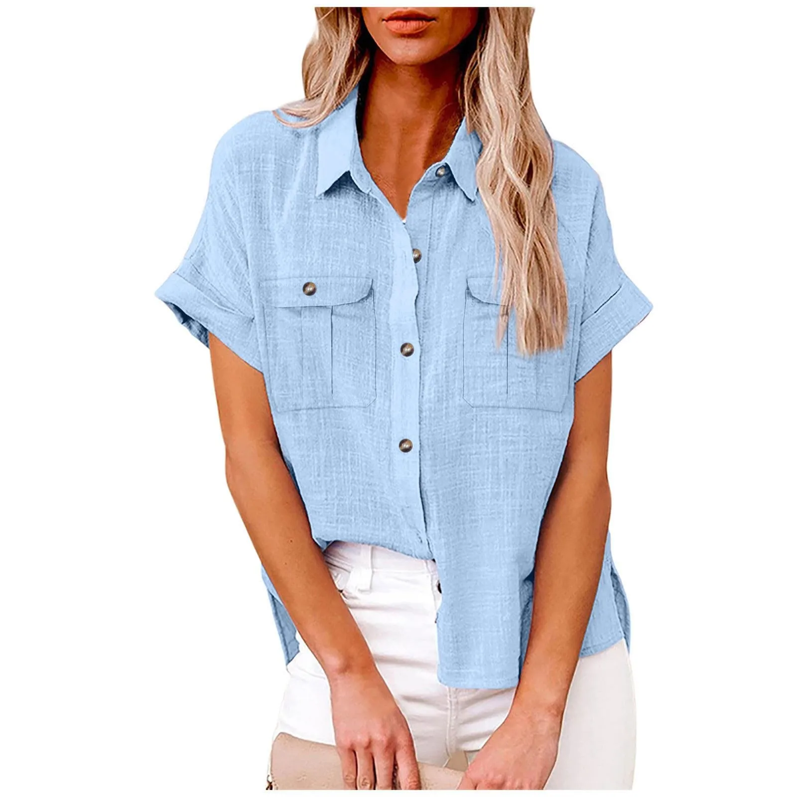 Plus Size Casual Blouse Women's Solid Short Sleeve Turn Down Collar Button Up Shirt Top With Flap Pockets Female Shirt