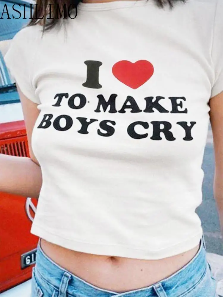 

Women Y2k Crop Tops I Love To Make Boy Cry Letter Print Harajuku Summer T-Shirt Short Sleeve Funny Kawaii Streetwear Cropped Top