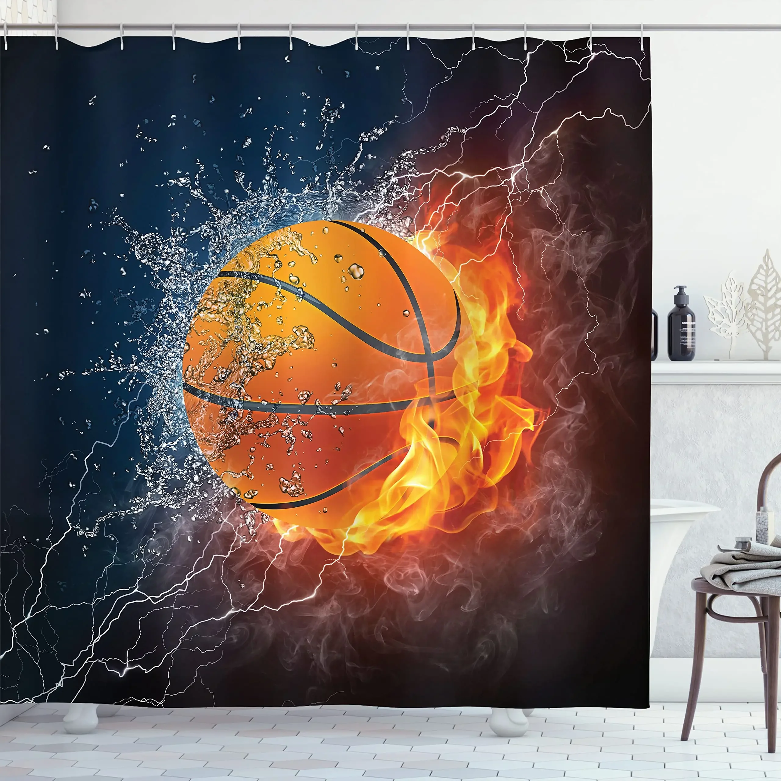 Sports Shower Curtain Basketball and Water Splashing Thunder Lightning Themed Design Cloth Fabric Bathroom Decor with 12 Hooks