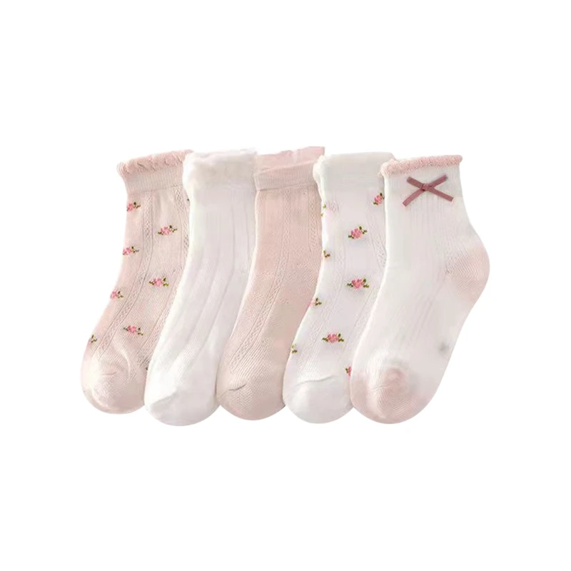 

Cotton Breathable Children'S Socks Summer Girls Printed Lace Lace Embellished Soft Socks Girls Casual Socks 1 Package 5 Pairs