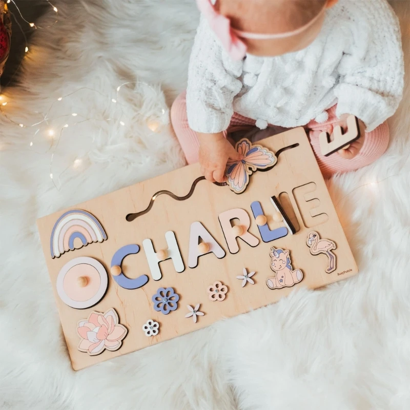 Wooden Name Puzzle for Baby Personalized Game Board 3-D Jigsaw Puzzle Educational Shape Matching Brain Developmental Toy