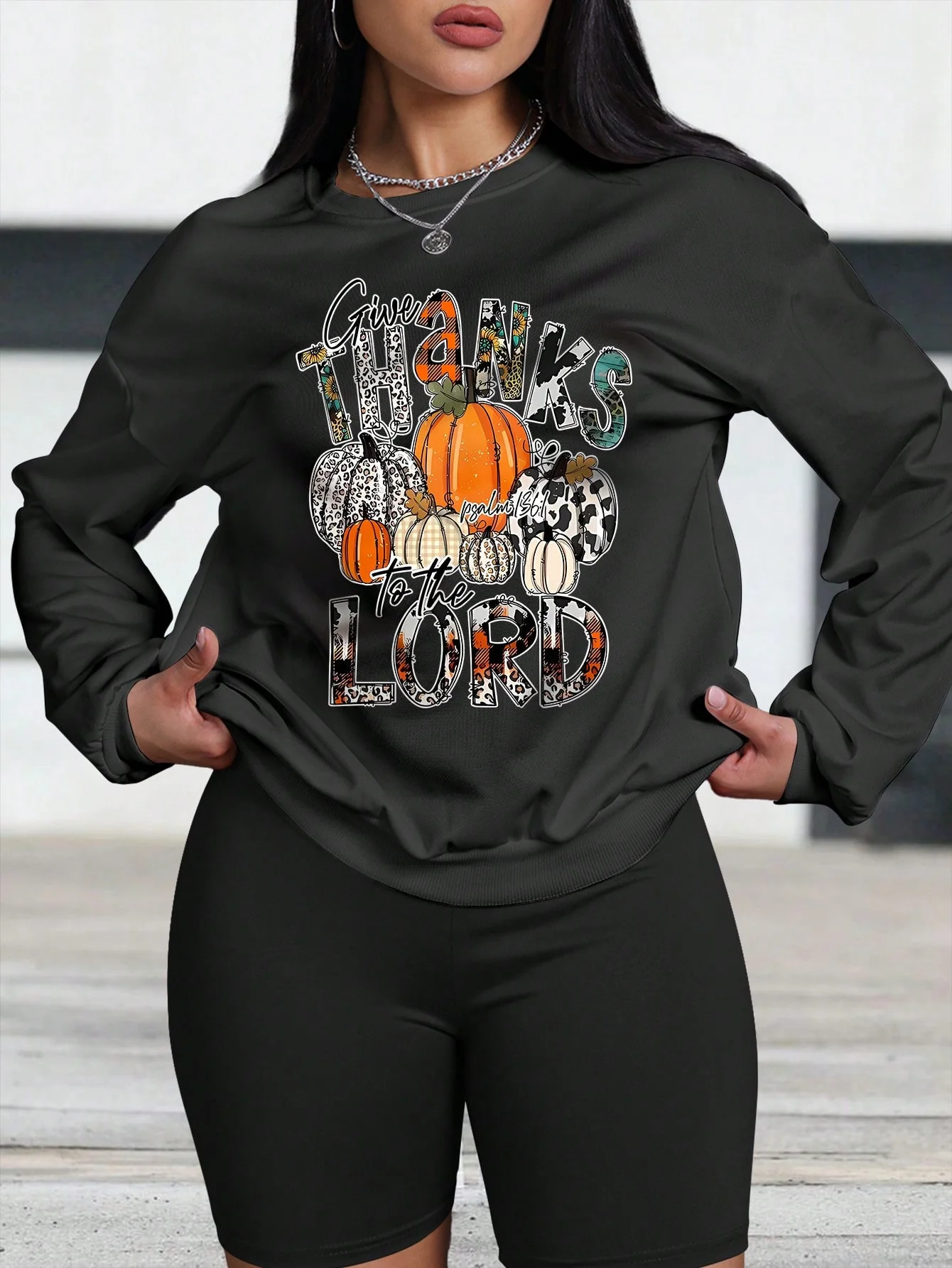 

2024 Thanksgiving popular pumpkin letter pattern 2 sets, women's comfortable crew neck hoodie with leggings yoga pants set