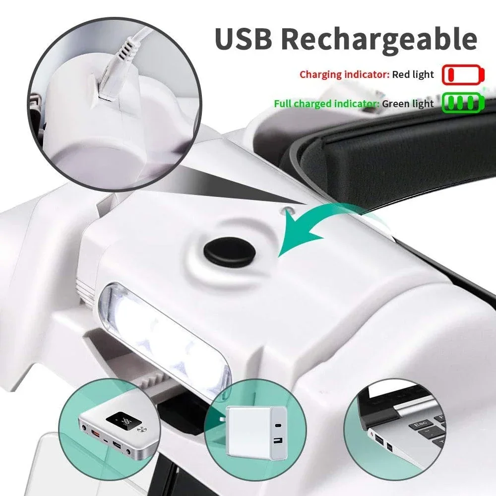 TKDMR USB Rechargeabl Head Mounted Binocular Eyewear Loupe Magnifier with 3LED Illuminated Headband Magnifying Glass For Reading