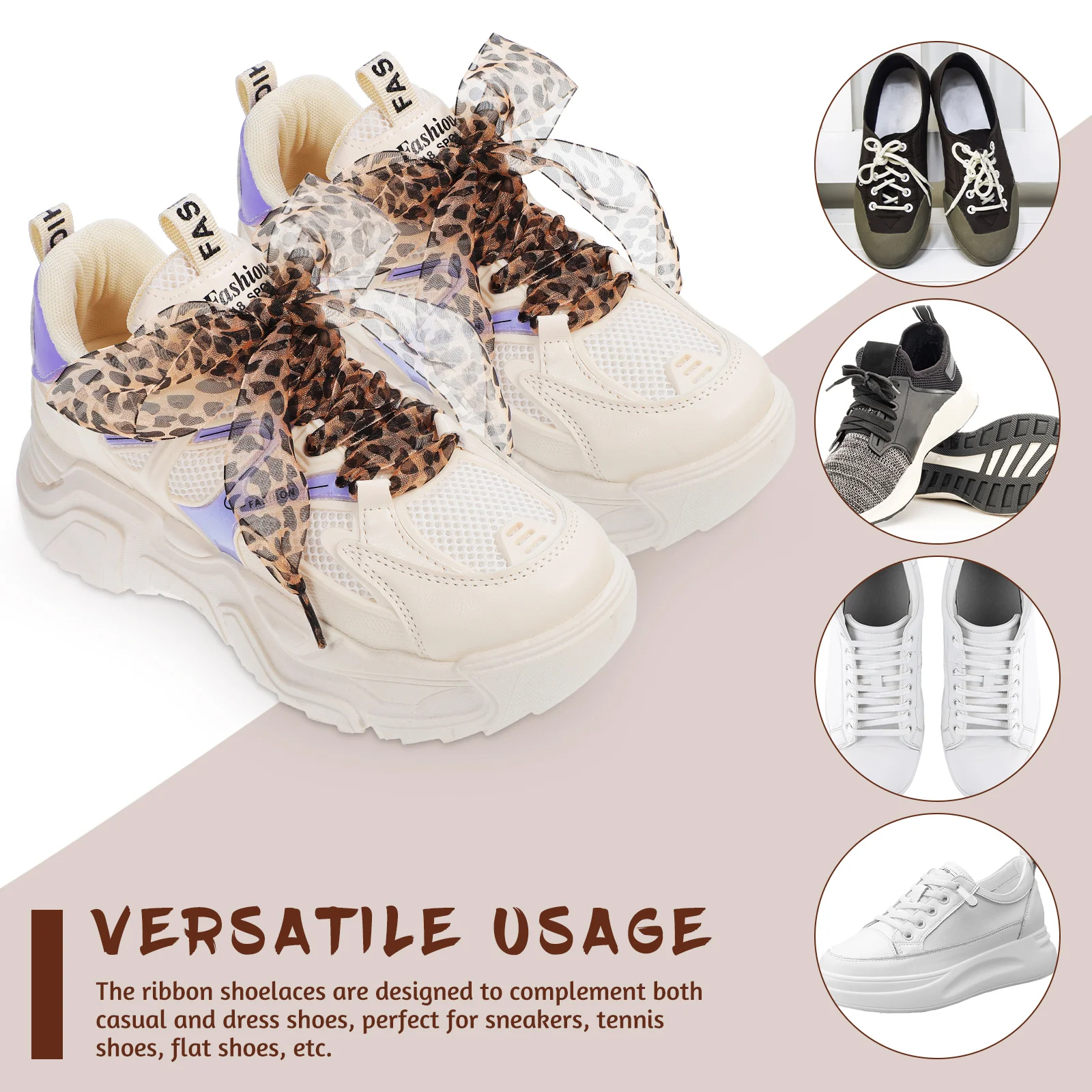 

2 Pcs Widen Shoelaces Big Thick DIY Brown for Sneakers Jumbo Cheetah Print Flash