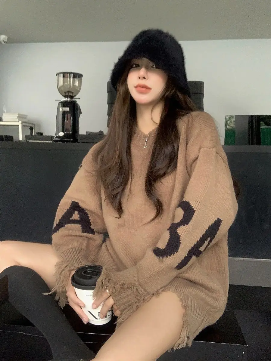 Y2K Streetwear Frayed Letter Oversize Knit Sweater Women Gothic Fashion Casual Loose Sweater Top Harajuku 2000s Clothing