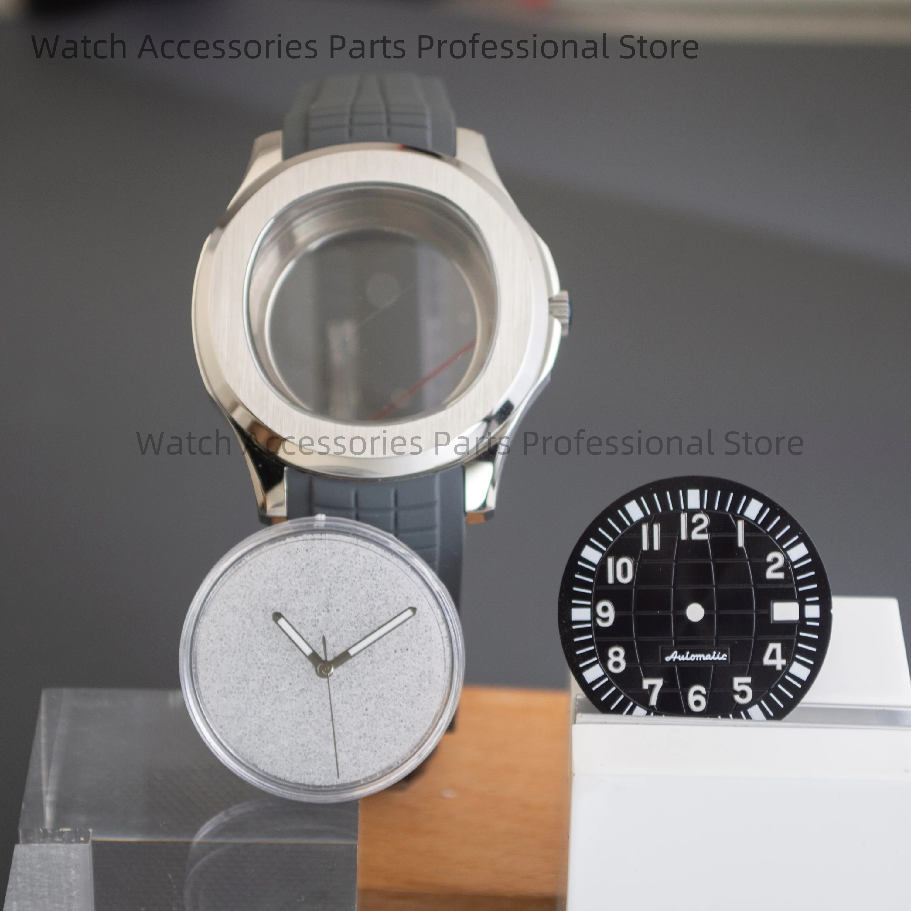 

for AQUANAUT Nautilus Case Rubber Strap Stainless Steel NH35 Watch Case Sapphire Glass 32mm Dial Hands fit NH35 NH36 Movement