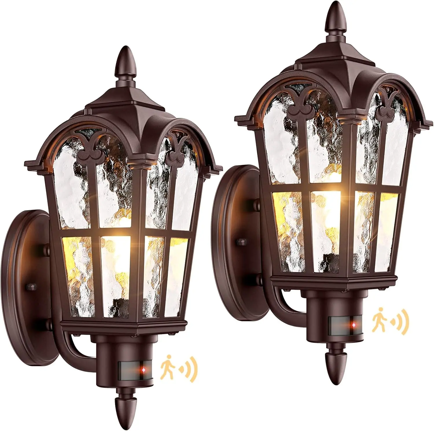 16in 2-Pack Motion Sensor Outdoor Wall Lights, Dusk to Dawn Porch Lights, Vintage Brown Exterior Lanterns for House Front Door