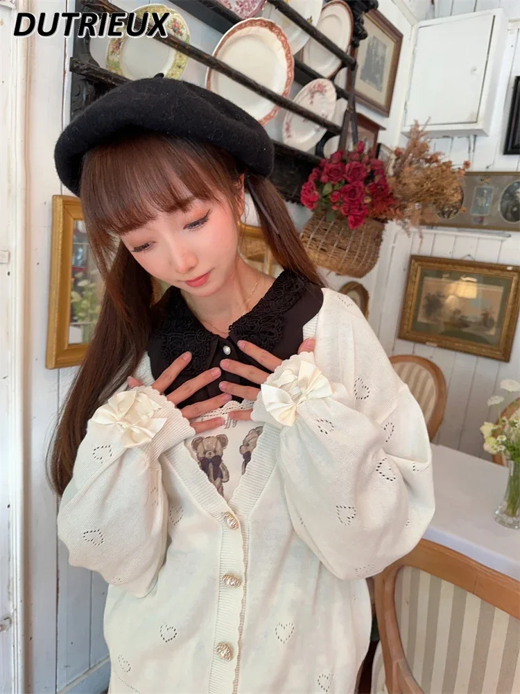 Sweet Cute Love Bubble SC Japanese Style Knitted Sweater for Women Thin Heart-shaped Pearl Buckle Ribbon Bow Knitted Cardigan