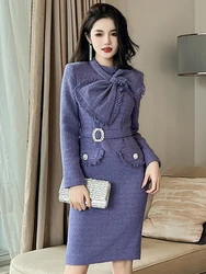 Women's Elegant Fashion Midi Dress for Woman Purple Tweed Bright Silk Tassel Belt Robe Professional Business Office Lady Vestiod