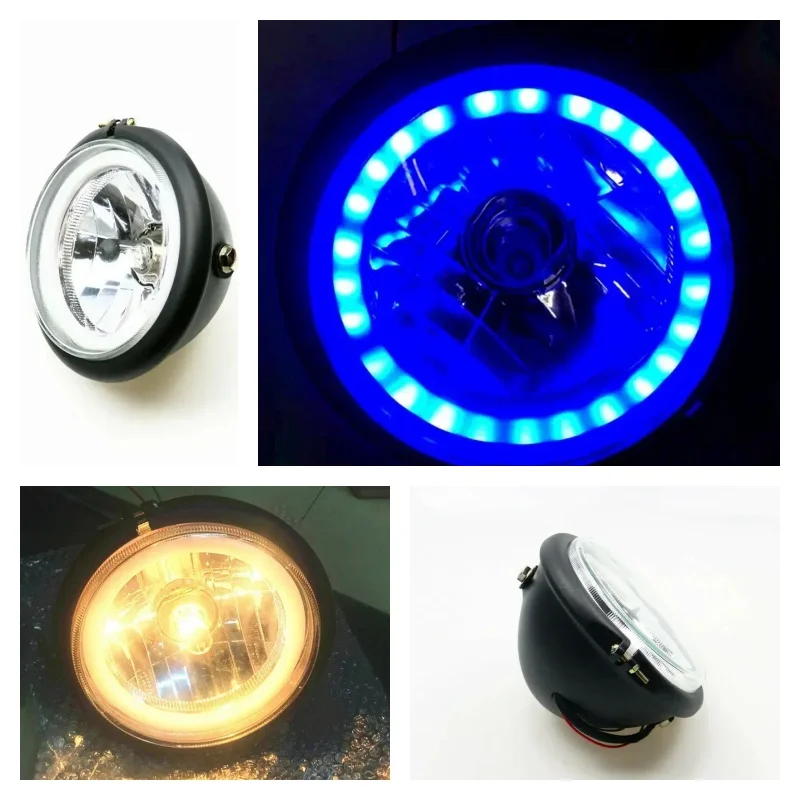 Motorcycle High/Low Beam Universal Side Mount Retro for Cafe Racer Round Headlight Blue Lights