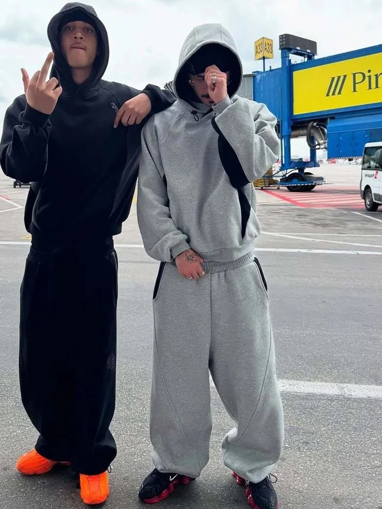 

Mertra Color Block Batwing Sleeve Embroidered Letter Hoodie Sports Sweatpants Loose Straight Leg Men Women Set Cotton Polyester