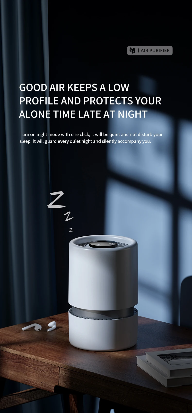 Portable Air Purifier HEPA Activated Carbon Composite Filter Blue Light Negative Ion 2 Speed Touch Control USB Type-C Quiet Night Mode Aroma Tank