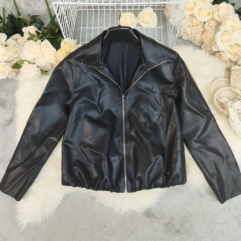 2026 Fashion Temperament Women Pu Leather Coat Spring New Stand Collar Short Black Versatile