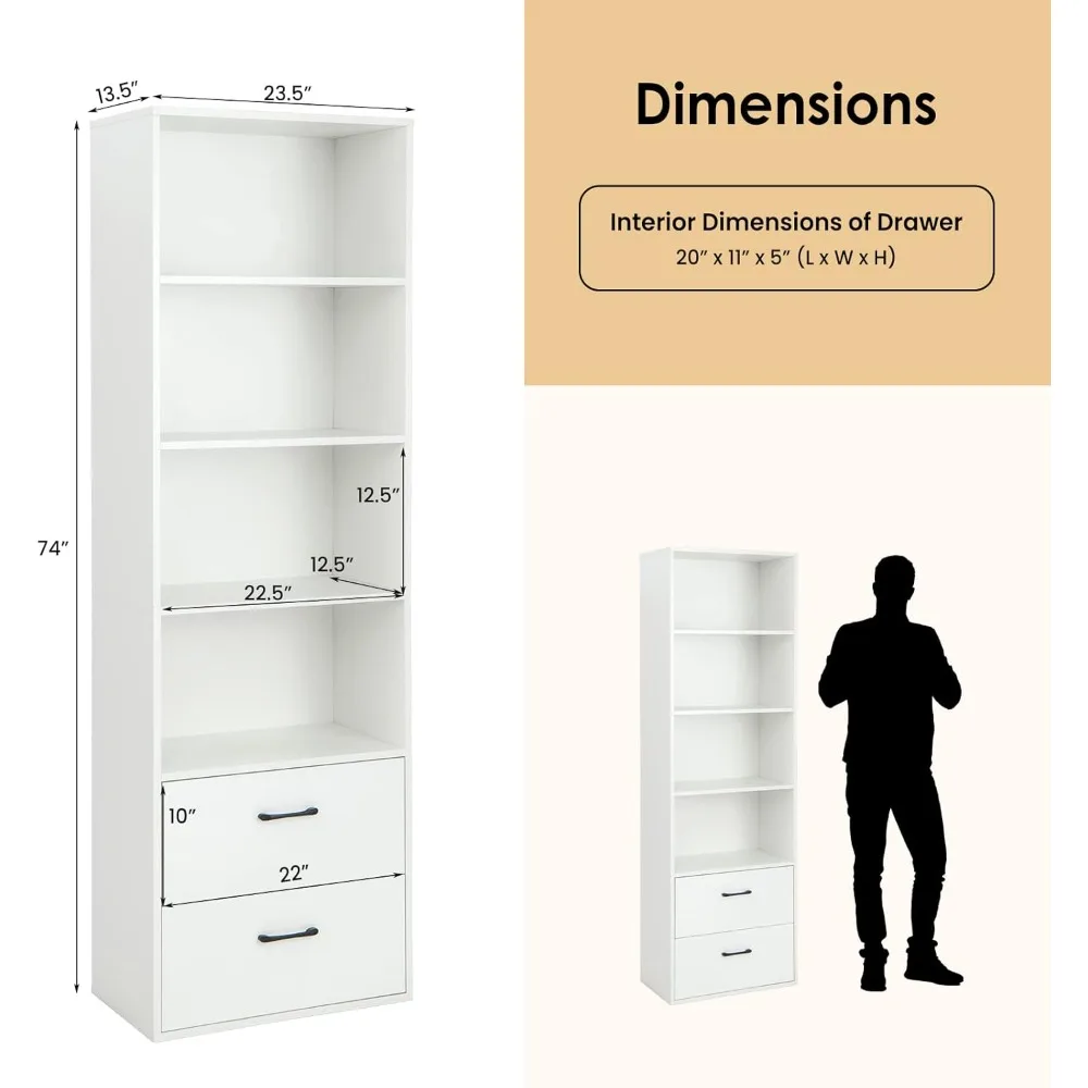 Lemari Penyimpanan Tinggi Modern 6 Tingkat dengan 2 Laci dan 4 Rak Terbuka, Rak Buku Kayu Tinggi 74 Inci untuk Rumah atau Kantor