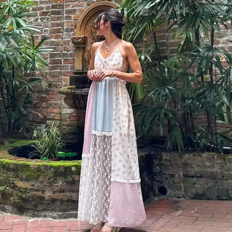 YENKYE 여성용 섹시 백리스 패치워크 꽃무늬 프린트 홀터 원피스, 보호 휴일 여름 파티 롱 드레스, 맥시 베스티도