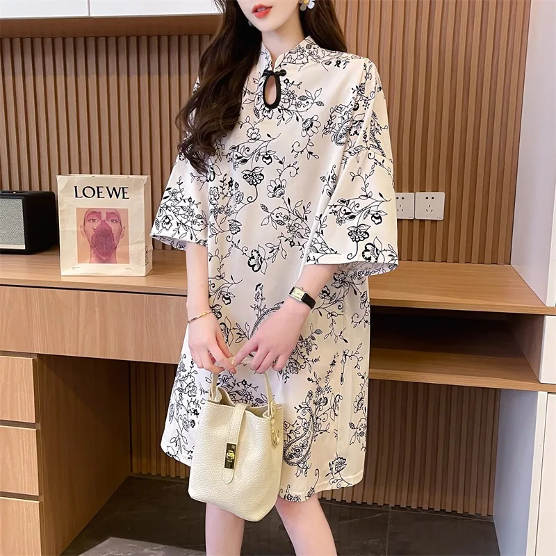 Ethnic Style Women Half Sleeve Print Dress Summer Loose Mini Dress Casual Female Retro A-Line Dress