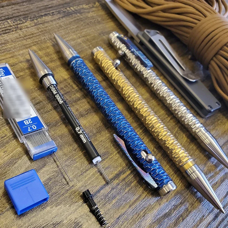 EDC Titanium Alloy TC4 Mechanical Bolt Action 0.7mm Pencil with Damascus Clip  Multi-functional Portable Outdoor Tools 1 Piece