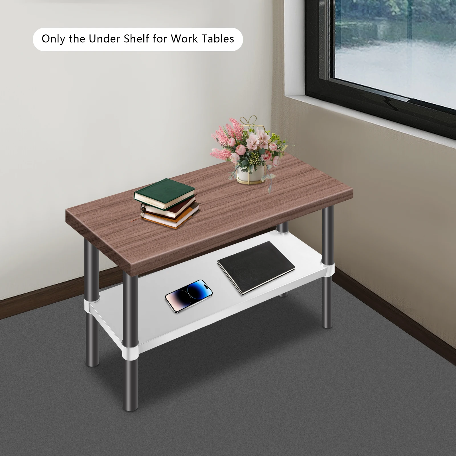 Adjustable Stainless Steel Undershelf for Workbenches & Utility Tables, 27.87x9.76in Lower Storage Shelf, 100kg/220 lbs Max Load