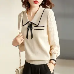 Spring and Autumn Women's Pullover Doll Neck Long Sleeve Spell Colour Patchwork Screw Thread Bow Loose Fashion Casual Knit Tops