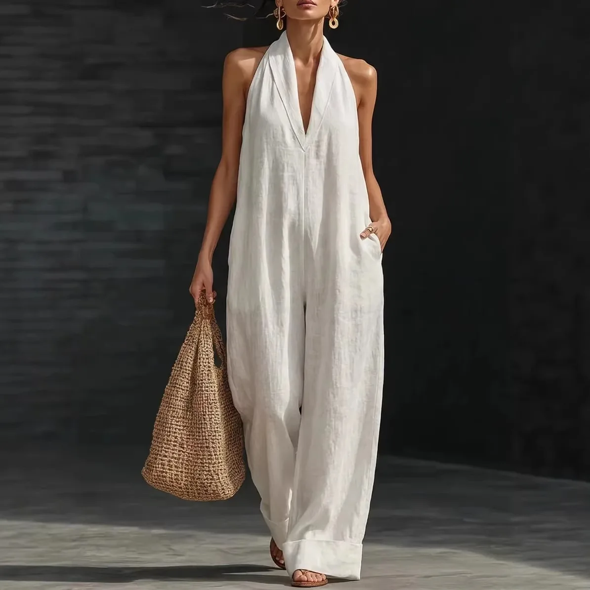 2026 Hanging Neck Sexy Solid Color Elegant Comfortable Loose Jumpsuit Women's Summer New Versatile Commuting Daily Simple Pants