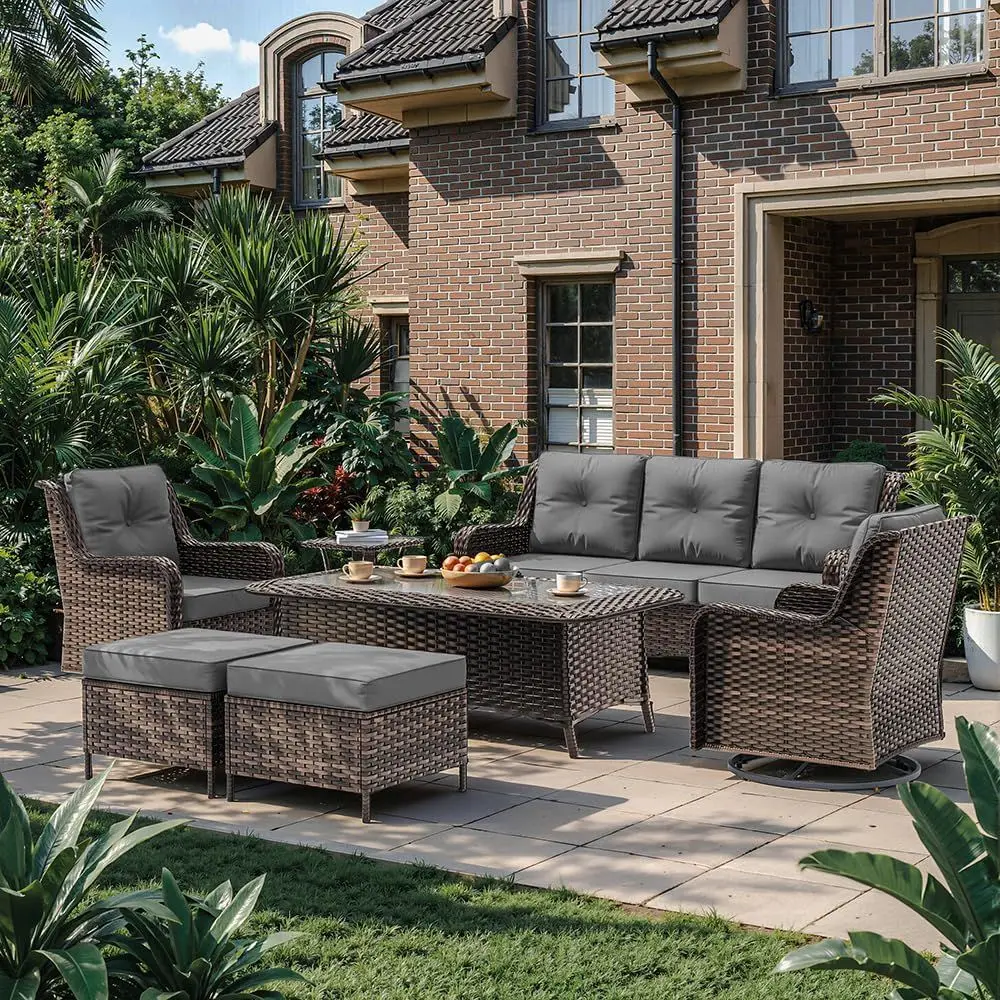 

7-Piece Outdoor Wicker Swivel Rocking Chair Set with Cushions, Suitable for Patio or Porch, Gray