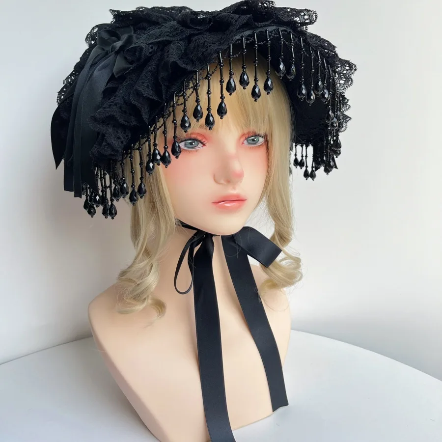 Victorian Gothic Teaparty Hat with Lace Bowknot Design Black Pearls Tassesl Hat Prop Fashionable Accessory for Halloween Party 5
