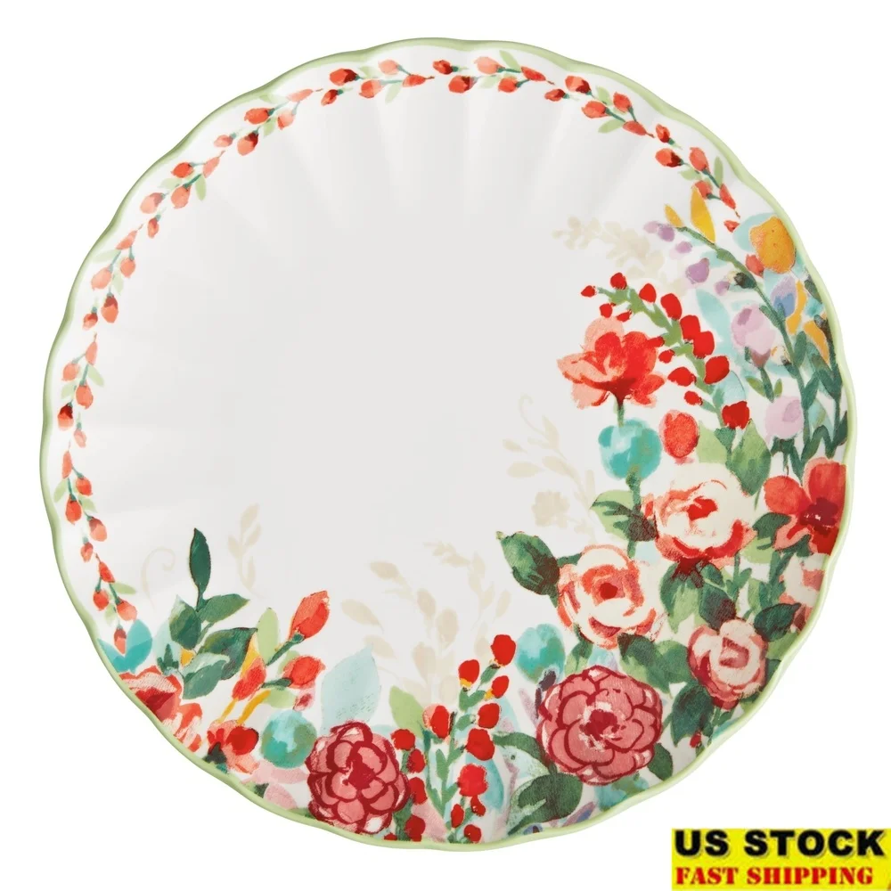 

Green Ceramic Dinner Plate Vintage Floral Design Durable Stoneware Round Dish Perfect Dining Entertaining Dishwasher Safe Family