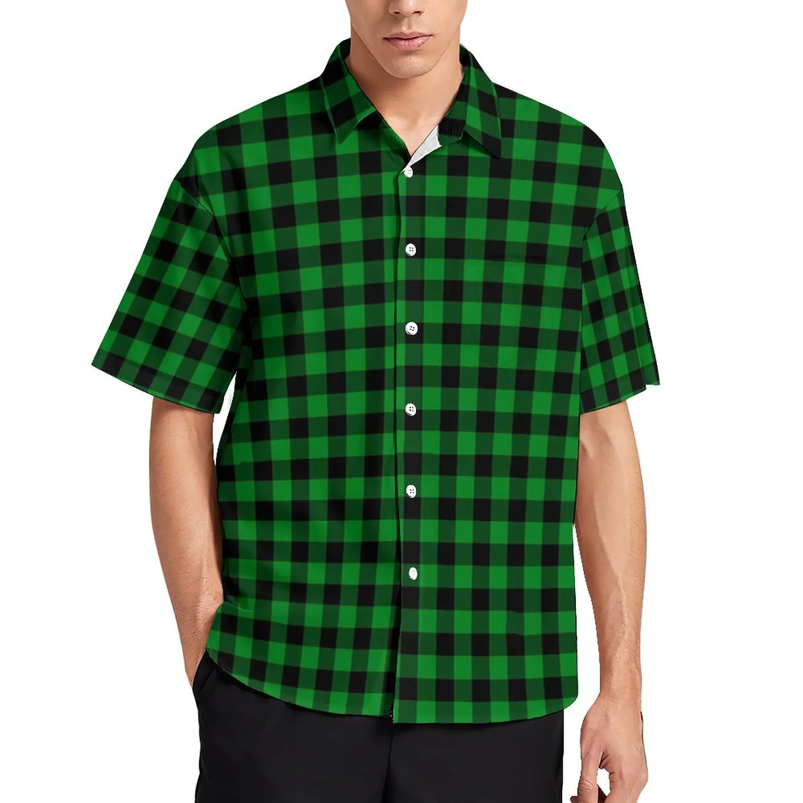 

Green And Black Plaid Beach Shirt Men Checkerboard Vintage Casual Shirts Hawaiian Short Sleeve Street Style Plus Size Blouses