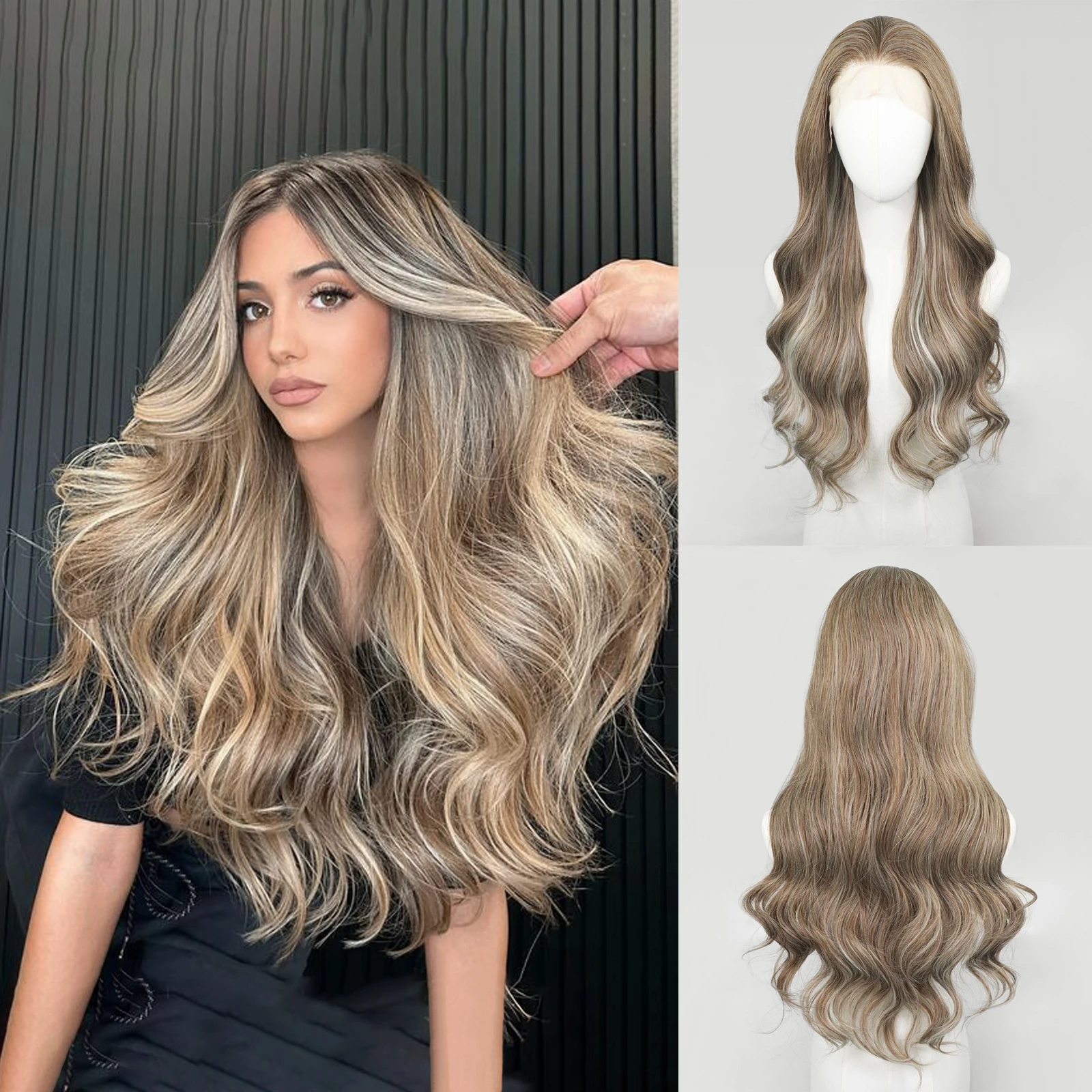 

24-дюймовые коричневые блики, режущие синтетические прозрачные парики спереди, длинные вьющиеся волнистые 13*4, естественная линия волос, плотность 130%