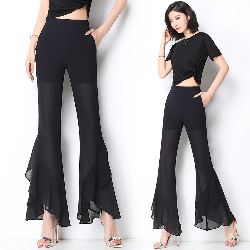 Summer Chiffon Ruffle Boot Cut Women\'s Pants Trousers Korea Fashion Office Ladies Work Ankle-Length Cropped Pants Female Bottoms