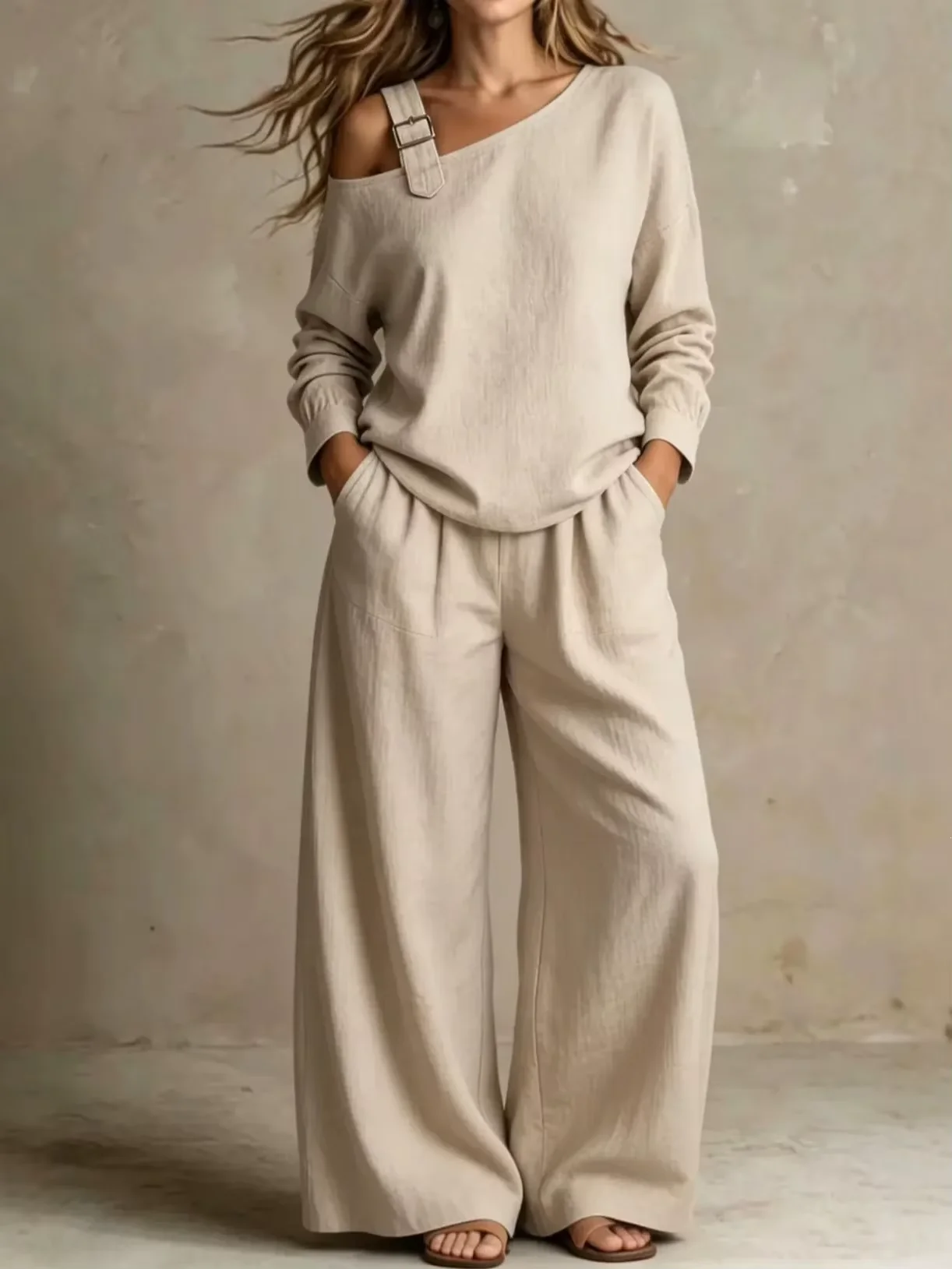 2026 Popular Women's Leisure Loose Fashion One-Shoulder Long-Sleeve Top Two-Piece Set