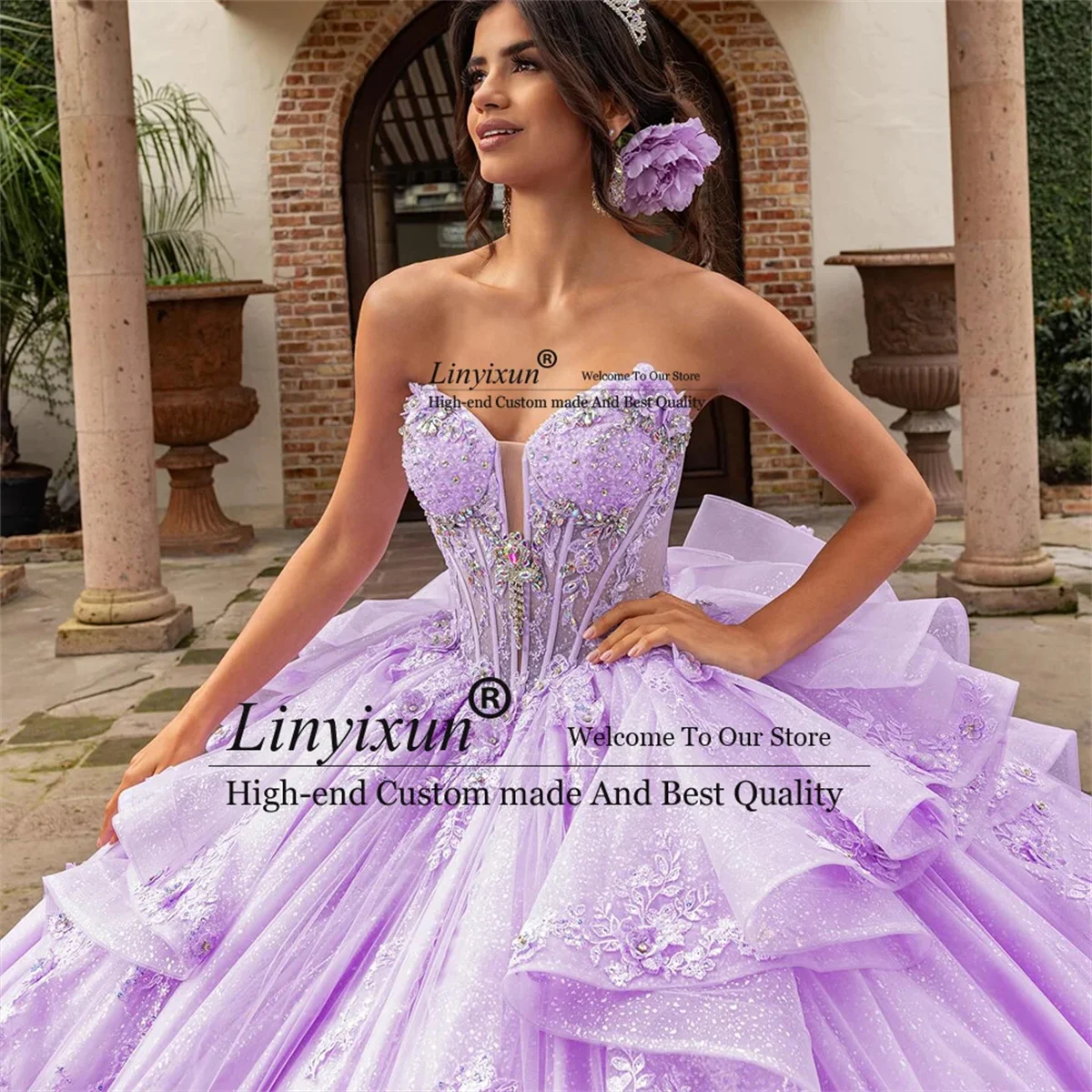 3D 꽃 레이스가 있는 공주풍 퀸시에라 드레스, 생일, 스위트 16, 맞춤형 러플 티어드 베스티도스 데 15, XV 아녜스