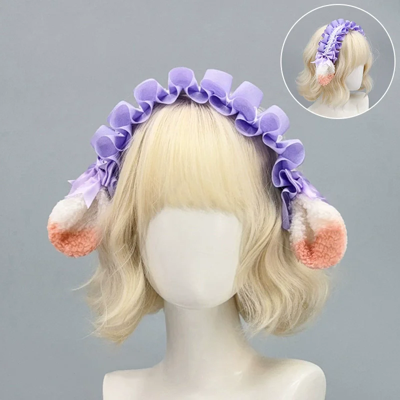 Japanese Harajuku Style Lolita Sheep Ear Headband Sweet Girl Cute Faux Lamb Fur Bow Headpiece Clouds Soft Cosplay Headband