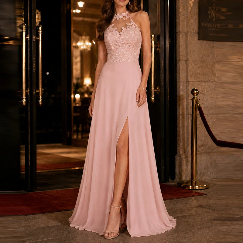 Embroidered Spliced Split Women's Evening Dress Sexy Backless Slim Fit Dresses Elegant Hanging Neck High Waist Summer Long Dress