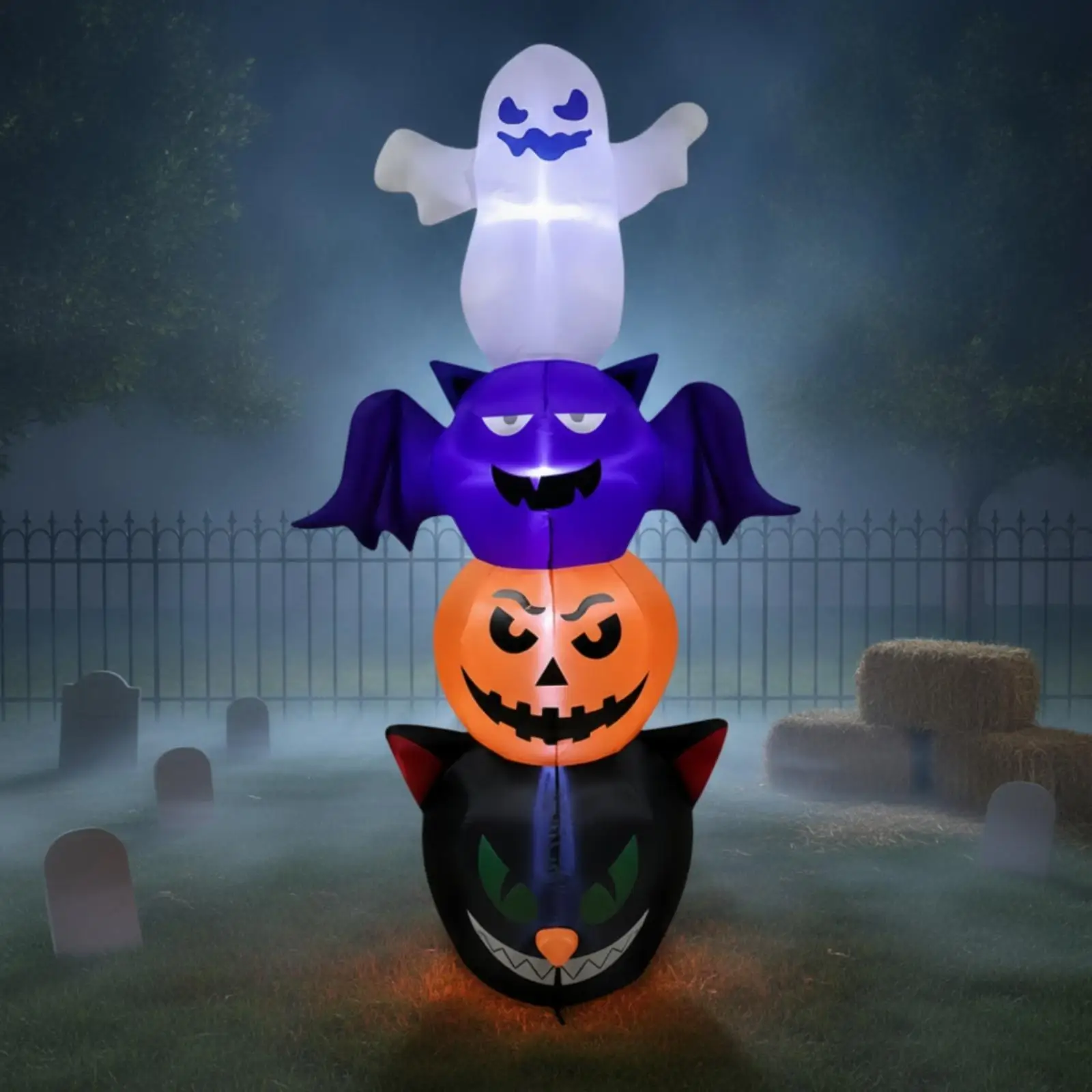 Glowing Halloween Inflatable Yard Decoration with Ghost Bat Pumpkin and Cat for House Exterior