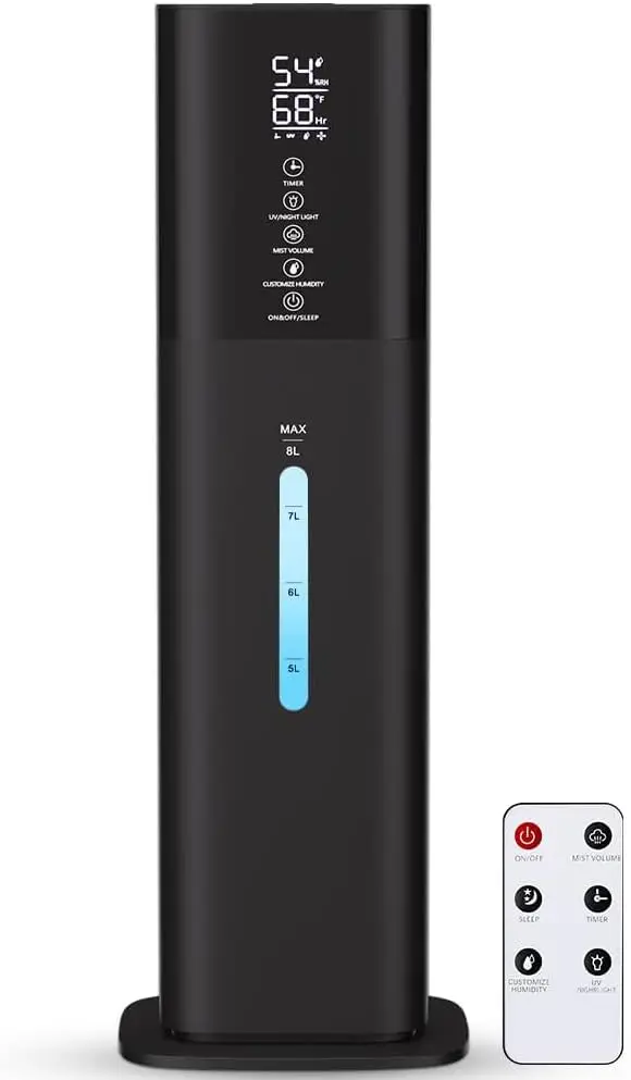 

Large Room Humidifier 8L with 7 Color Light, 3-Speed Quiet Mist, 360° Nozzle, Timer & Aroma Box (Black)