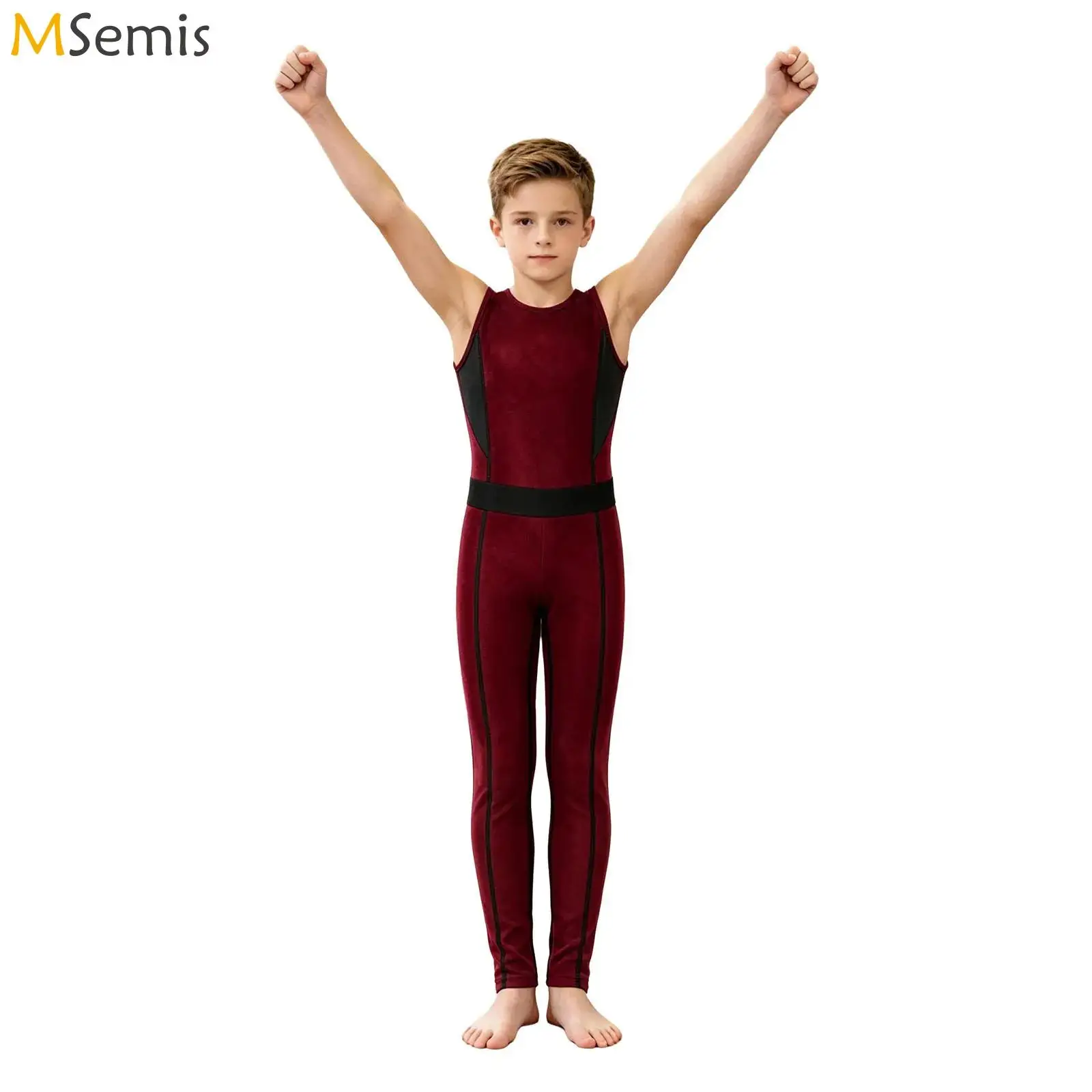 Kids Boys Gymnastics Leotard Dancewear Training Performance Costume Sleeveless Back Invisible Zipper Sports Unitards Jumpsuit
