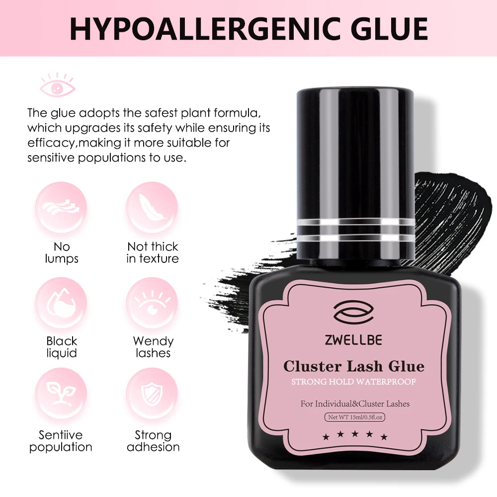 ZWELLBE Lash Clusters Glue 15ml Black Eyelash Glue for DIY Lash Extensions Long-Lasting Waterproof&No Irritation Makeup Tool