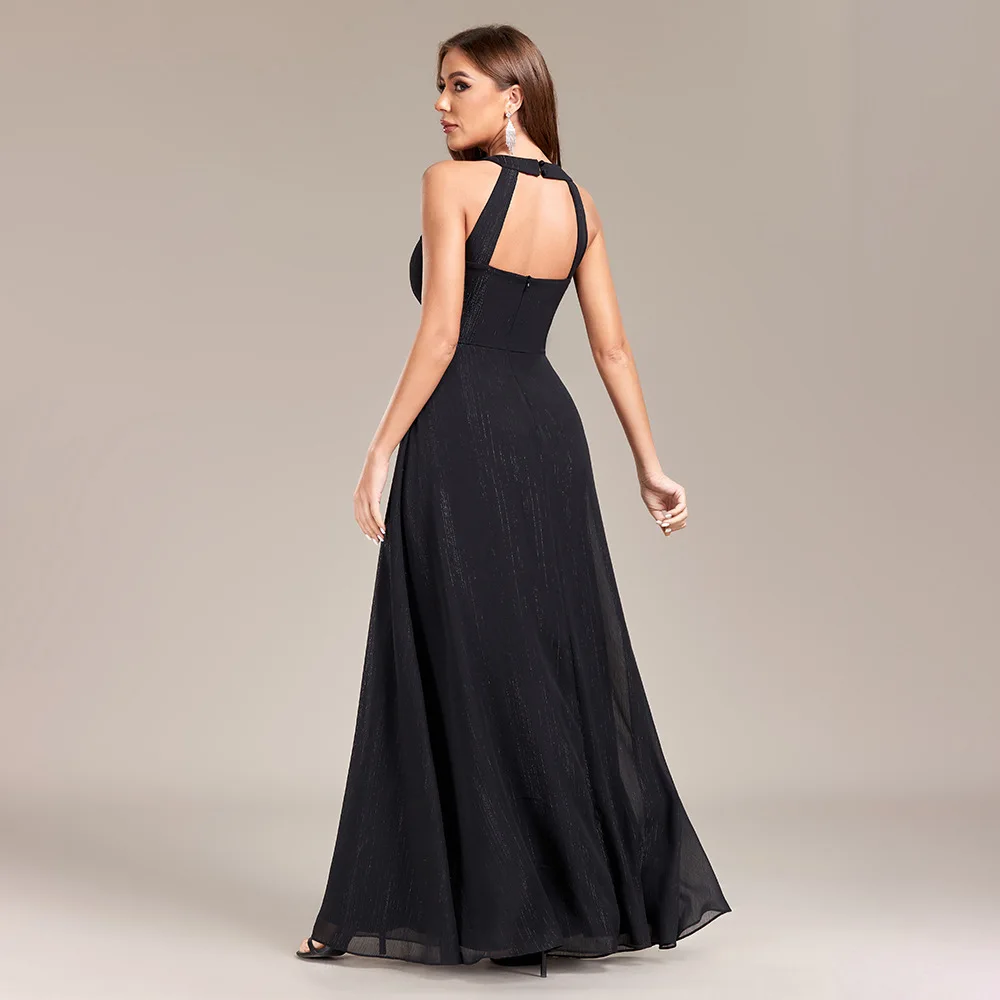 Women\'s New Backless Pleated Waist Party Dress Back Zipper Black A-Line Fully Lined Evening Gown Wedding Bridesmaid Dress Gown