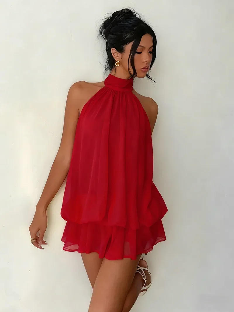Damen Chiffon-Minikleid mit Neckholder, ärmellos, mehrlagig, mit Rüschen, fließend, einfarbig, locker, A-Linie, Sommer-Party, Strand, Freizeit-Sommerkleid – Detail 35