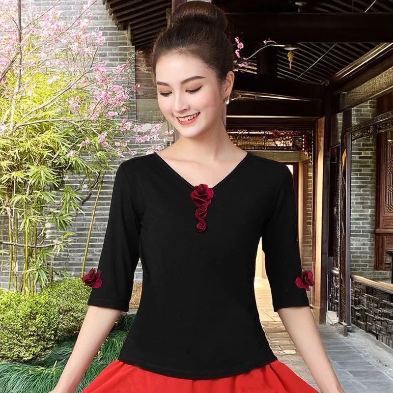 haut-d'uniforme-de-danse-classique-vetements-de-danse-moderne-chemise-de-fitness-sans-manches-pour-femme-tenue-de-danse-carree-a-motif-rose
