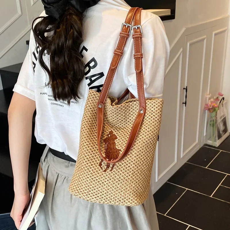 2025 New Straw Bucket Bag - Woven, Summer, Seaside, Large Cap, Mother & Child