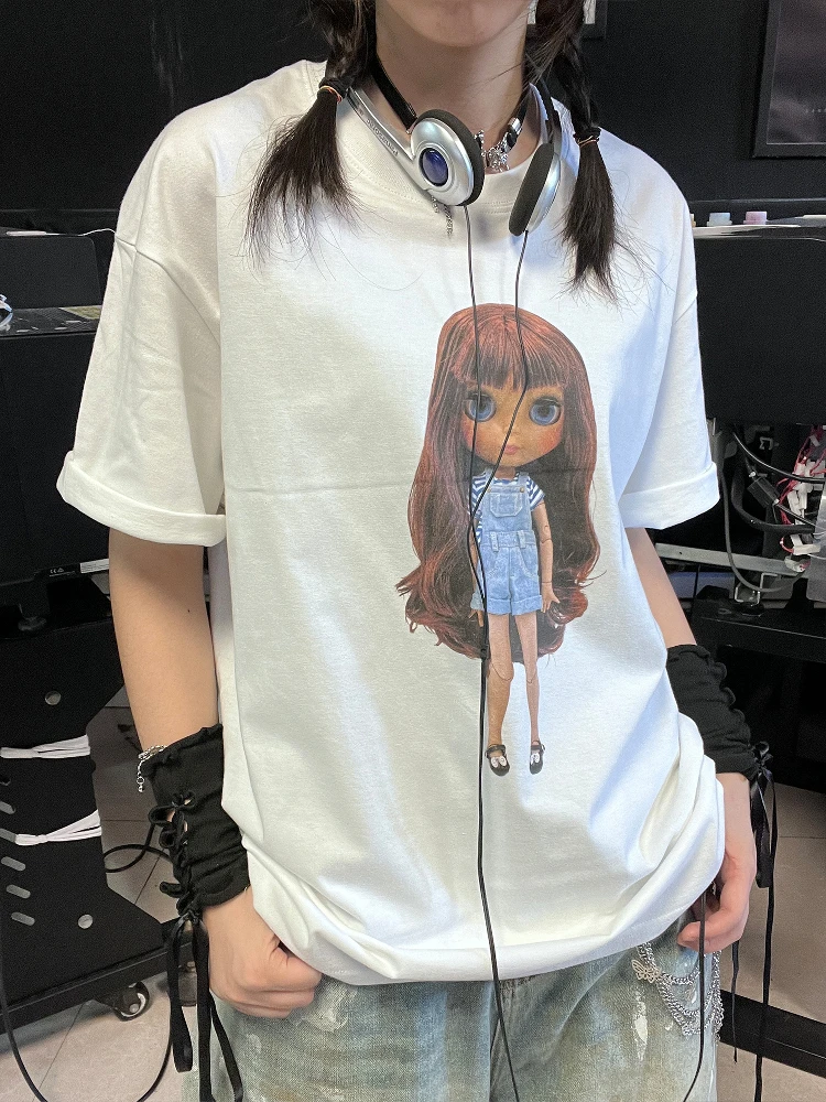 Heavyweight 260G Oversize Short Sleeve T-Shirt with Long Hair Doll Print Loose Fit Youthful Summer Fashion round Neck Tee