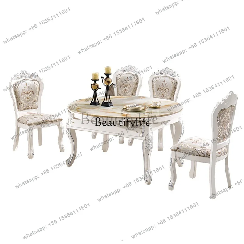Factory Direct European stretch dining table and chair combination round marble 1.35 meters foldable solid wood 6-person dining